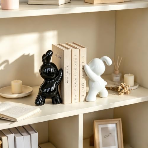 Glossy Ceramic Bunny Bookends Pair, Cute Rabbit Sculpture Book Stoppers, Smooth Shiny Finish Decorative Book Holders for Shelf Tabletop, Minimalist Modern Home Decor Gift for Kids & Book Lovers - Image 6