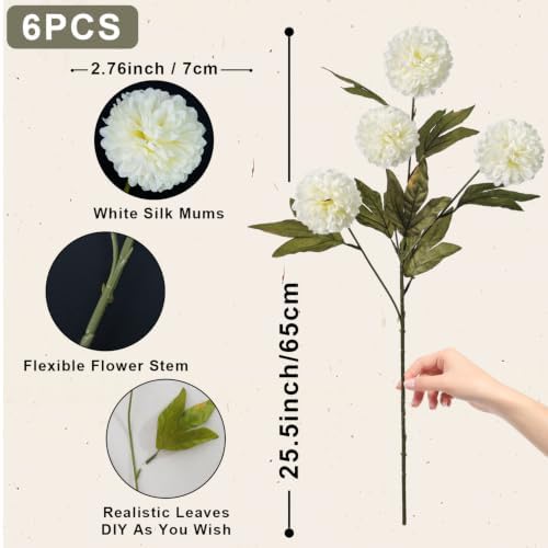 6PCS Cream Mums Long Stem Faux Fall Flowers Realistic Artificial Fall Flowers Indoor 25.5" Faux Silk Mums Flower Stems for Vases Flowers Artificial for Decoration Farmhouse Home Decor - Image 3