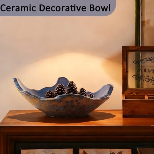 8" Small Ceramic Decorative Bowl，Irregular Rim Reactive Glaze Key Bowls for Entryway Table，Blue Coffee Table Bowl Decor，Modern Fruit bowls for Tabletop or Home Decor - Image 5