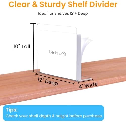 Shelf Dividers for Closet Organization – Acrylic Clear Sturdy Dividers to Keep Clothes, Sweaters & Purses Upright, Free-Standing for Wood Shelves, 10" Tall x 12" Deep, 12 Pack - Image 2