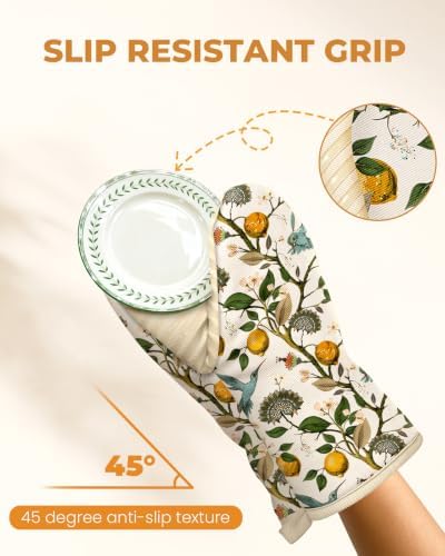 100% Thick Cotton Mini Oven Mitts Silicone Grip Lemon & Birds - Image 4