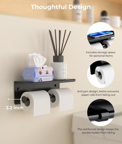 Double Toilet Paper Holder with Shelf, Wall Mount Tissue Roll Holder for Bathroom, 304 Stainless Steel Commercial Toilet Paper Dispenser with Phone Shelf, Matte Black - Image 2