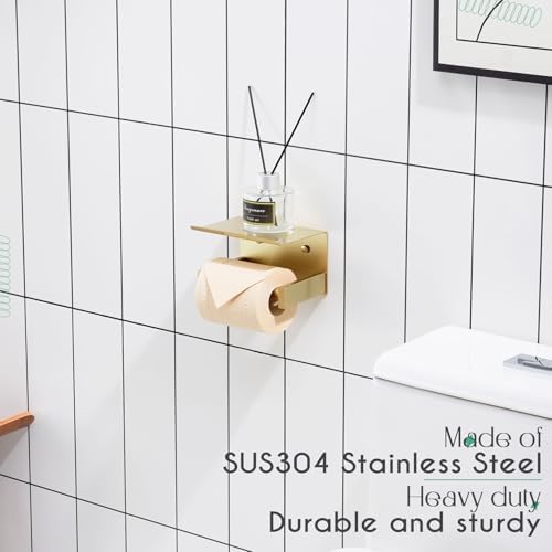 KOKOSIRI Roll Paper Holder Spring Loaded Tissue Paper Holder Bathroom Toilet Roll Holder with Shelf Wall Mounted Stainless Steel Brushed Gold B2012BG - Image 6