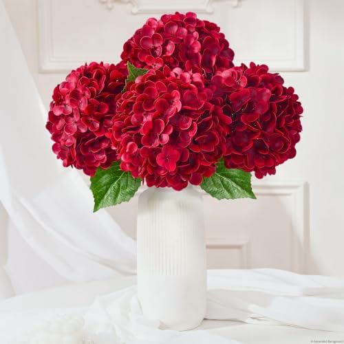 Yastouay 4 Pcs Real Touch Hydrangea Artificial Flowers, Deep Red by Yastouay