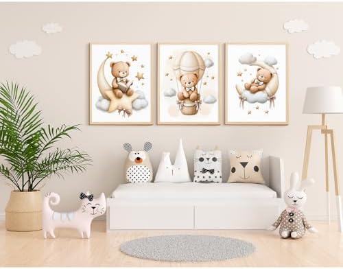 Teddy Bear Nursery Wall Art Decor Baby Boy Girl Room Pictures Bear Nursery Canvas Wall Art Decor Vintage Children's Room Posters Toddler Kids Neutral Artwork for Bedroom Playroom 16x24x3 Unframed - Image 7