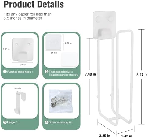 Tokokimo Toilet Paper Storage, Wall Mount Toilet Paper Holder Self Adhesive for 2 Roll Tissue, Over The Tank Toilet Paper Holder Stainless Steel for Bathroom Storage, RV (White 1Pcs) - Image 6