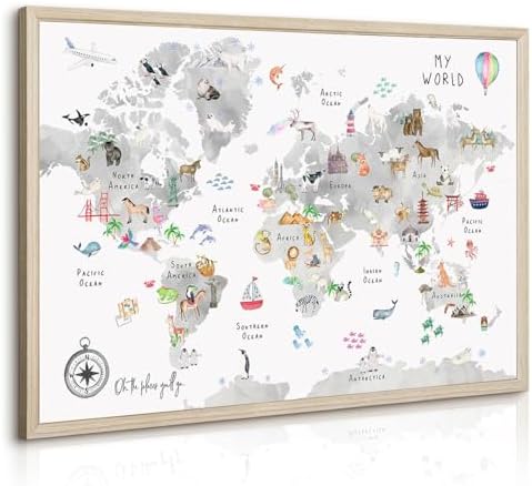 Joocrise Grey Kids World Map Wall Art Animal Map Canvas Wall Art Nursery Wall Decor World Map Poster Childrens Room Decor Playroom Prints Educational Artwork 16x24 Inch Wood Frame by Unknown