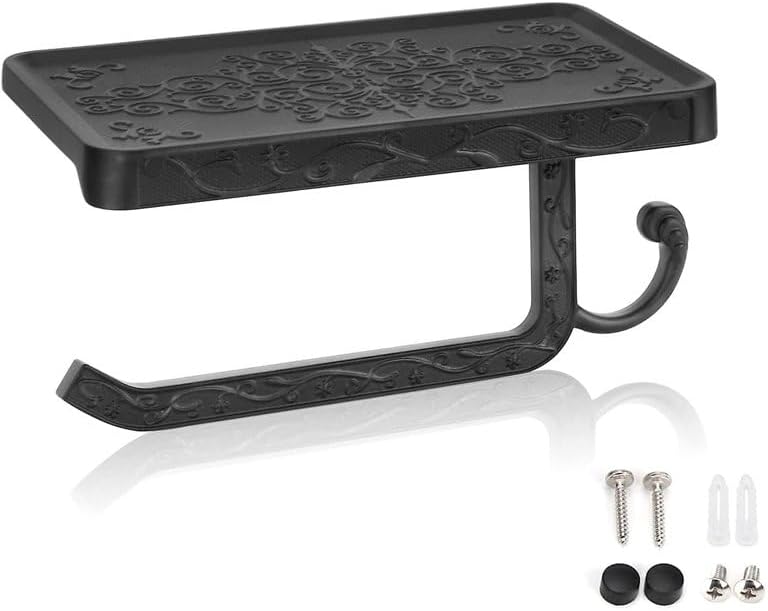 Vintage Toilet Paper Holder Wall Mount Toilet Roll Holder with Shelf and Hook Bronze Antique Bathroom Accessories Toilet Tissue Roll Holder Hanger Aluminum Material (Black) - Image 4