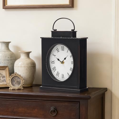 Vintage Mantel Clock, Large Rustic Distressed Metal Table Clock with Handle, Silent Non-Ticking Quartz Movement, Antique Brown Fireplace Shelf Desk Clock for Living Room Bedroom Office by MACVAD