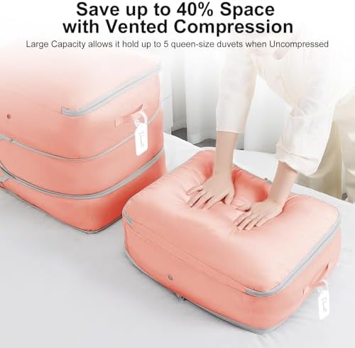 Comforter Storage Bag - Large Capacity Blanket Storage Bags 3-Layer Ultra Space Saving Self Compression Organizer, Washable Compression Bags for Storage Comforter Blanket, 2-Pack, Pink - Image 3