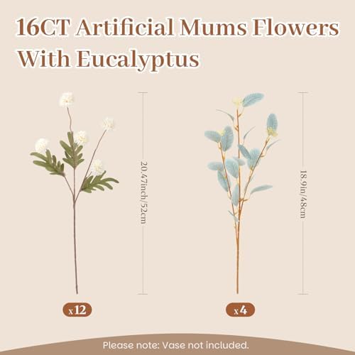 Alupssuc 16Pcs Faux Silk Mums Artificial Flowers with Eucalyptus White - Image 2