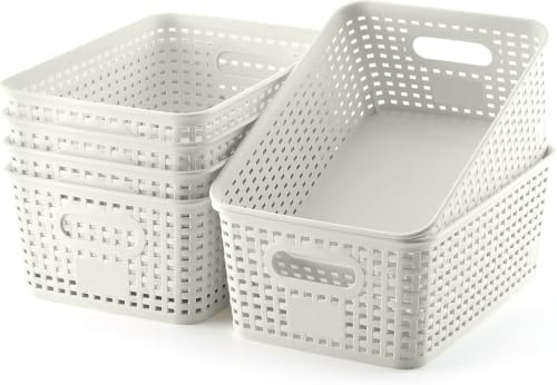Plastic Storage Baskets 6 Pack Sturdy Storage Organizer Basket Woven Plastic Storage Bins for Shelves,Closet,Countertops, Desktops, Cabinets and Badrooms,Saving Storage, Stylish Design,White by NUMIFUN