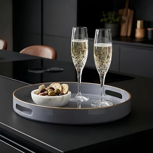 Decorative Tray, Round Plastic Tray with Handles, Modern Vanity Tray and Serving Tray for Ottoman, Coffee Table, Kitchen and Bathroom, Size 13” (Gray) by Zosenley