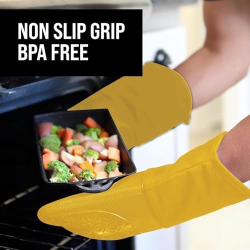 BPA-Free Soft Silicone Oven Mitts - Ultra Heat Resistant Oven Mitts with Thick Cotton Liner - Long Slip Resistant Pot Holders, Flexible Oven Gloves - Yellow 13.7" - Image 4