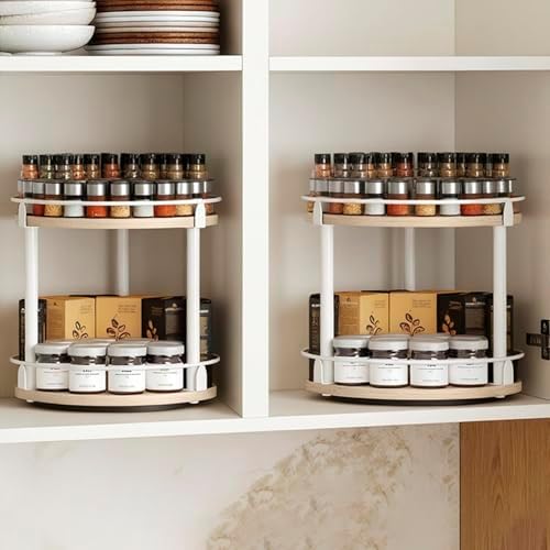 YATINEY Lazy Susan Organizer, Rotating Spice Rack, 2 Tier Spice Turntable Organizer, Industrial Turntable Spice Holder, for Kitchen Countertop, Compact and Versatile, White and Light Oak SR22WG - Image 2