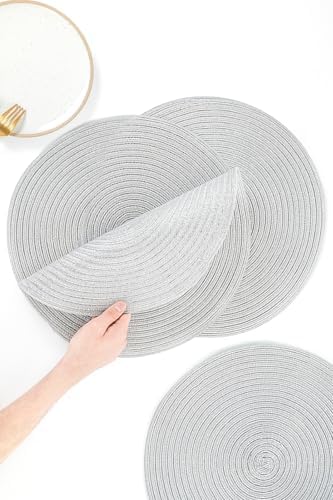 Floroom 15 Inch Round Braided Placemats Set of 6, Washable Heat Resistant Cotton Polyester Circle Place Mats for Kitchen Dining Table - Shimmer Silver - Image 2