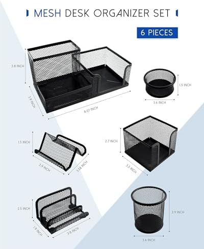 Desk Organizer Set, 6 Piece Mesh Office Accessories, Pen Holder, Phone Stand, Clip Holder, Desktop Storage Set, Black - Image 2