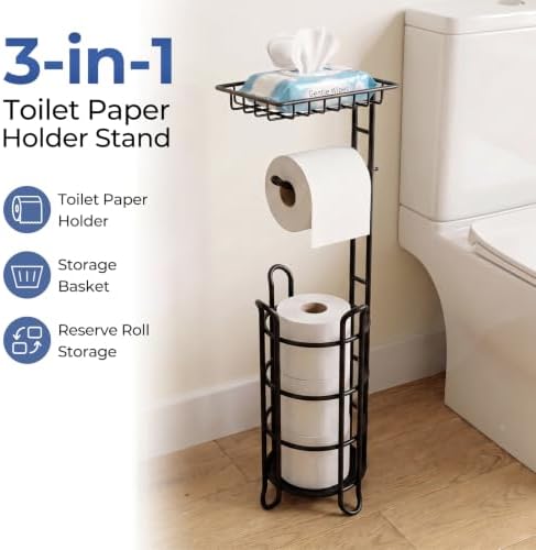 TreeLen Toilet Paper Holder Stand Tissue Paper Roll Dispenser with Shelf for Bathroom Storage Holds Reserve Mega Rolls-Matte Black - Image 2