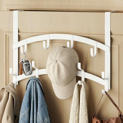 Consumest Over the Door Hooks Organizer - 2 Tier Door Hanger with 14 Hook Heavy Duty Stainless Steel for Towels, Coats, Jackets & Bags, Towel Rack for Bathroom Bedroom, Fits Up to 1.77" Doors, White by Consumest