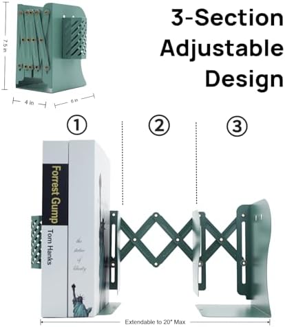 Adjustable Book Ends for Heavy Books, Metal Expandable Bookends for Shelves, Book Organizer Stopper Holder for Desk, Kids Room, Classroom, Office, Library (Green) - Image 4