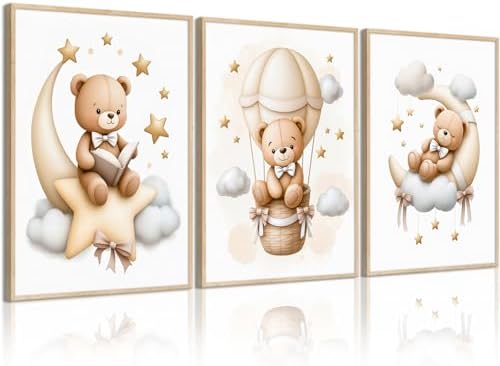 Teddy Bear Nursery Wall Art Decor Baby Boy Girl Room Pictures Bear Nursery Canvas Wall Art Decor Vintage Children's Room Posters Toddler Kids Neutral Artwork for Bedroom Playroom 16x24x3 Unframed by Baccone