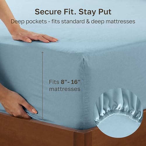 California Design Den 100% Cotton Sateen Queen Bed Fitted Sheet, Sky Blue - Image 4