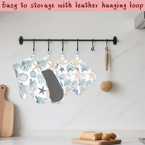 Starfish Coral Shells Ocean Silicone Oven Mitts and Pot Holders,Heat-Resistant 4 Piece Kitchen Set Non-Slip Oven Gloves and Hot Pads for Cooking, Baking, Grilling,BBQ - Image 5