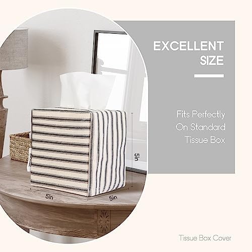 Tissue Box Cover, Fabric Tissue Box Holder Square, Stylish Toilet Paper Storage, Modern Bathroom Counter Organizer Decorations Accessories,Ticking Stripe 5''x5''x5'' (Pastel Grey) - Image 2