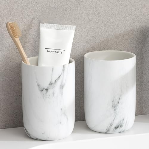 Marble Toothbrush Holders - 2 Ceramic Toothbrush Holders for Bathrooms Toothbrush Toothpaste Holders Set, White Bathroom Tumbler Cups Reusable Toothbrush Mouthwash Cup, Bathroom Counter Organizer. by BSDISP