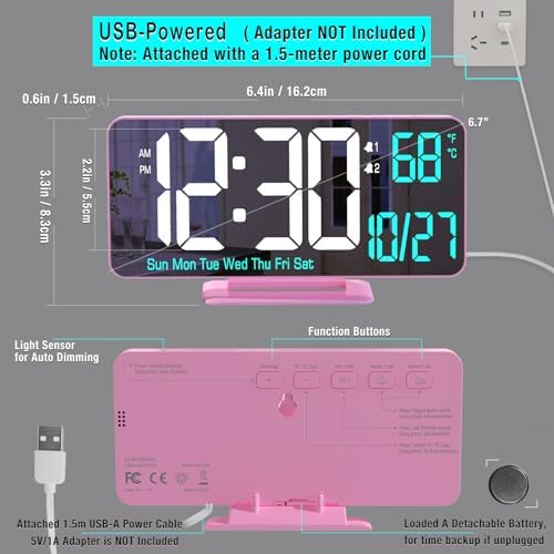 Pink Digital Clock for Bedroom 6.7in Dual Alarm Clock with Dimming, 12/24h, Seconds, Date, Day of Week, Temp, Desk Clock, LED Clock for Table Decor, Digital Calendar Table Clocks for Bedrooms KOSUMOSU - Image 6