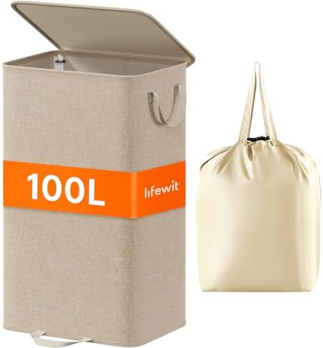 Lifewit Single Laundry Hamper with Lid, Removable Laundry Bags, Beige by Lifewit