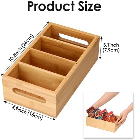 BSTKEY Seasoning Packet Organizer, Food Storage Organizer with 4 Removable Dividers, Bamboo Storage Caddy for Pantry Kitchen Cabinet, Kitchen Organization Bin with Handle for Snacks Spice Packets - Image 2