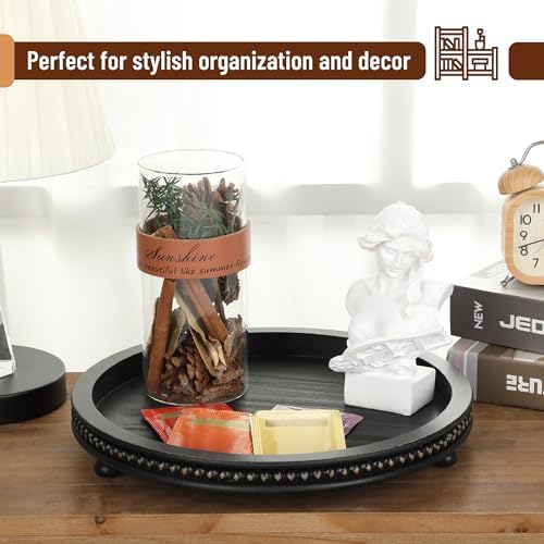 Bamboo Land- Round Decorative Trays for Coffee Table, 12", Black, Wood Tripod & Beaded Design, Wooden Round Tray for Coffee Table - Image 4