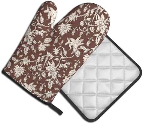 Vintage Block Print Brown Oven Mitts and Pot Holders Sets Floral Vine Oven Mitts Heat Resistant Flowers Kitchen Gloves Hot Pads Two Piece Set for Cooking Baking Grilling BBQ - Image 2