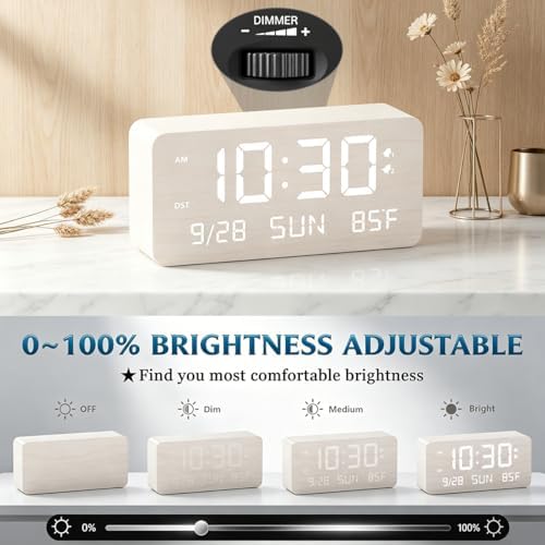 Wooden Digital Alarm Clock for Bedroom Desk Clock with Date, Day of Week, Temperature, Dual Alarms, Dimmer, USB Port Charge, DST, Adjustable Volume for Living Room/Office Wood Decor (White) - Image 4
