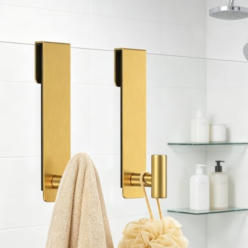 HUFEEOH 2-Pack Over The Door Hooks, Stainless Steel Door Hanger for Towels & Coats, Bathroom Towel Rack Coat Rack, Tool-Free Hooks for Hanging (Gold, Fits 3/8" Thick Door - T Shape 2 Pack) - Image 5