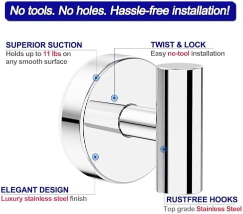 Bntuk Suction Cup Hooks, Shower Hooks for Inside Shower – Removable Towel Hooks for Bathroom Window Glass Mirror Tile, Bath Robe Looafh Hook for Hanging – Waterproof & Rustproof, Chrome (4 Pack) - Image 4