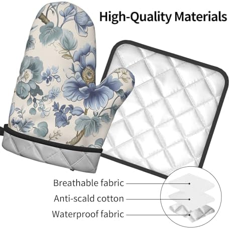 Chinoiserie Style Oven Mitts and Pot Holders Sets Blue Floral Trees Oven Mitts Heat Resistant Vintage Flowers Kitchen Gloves Hot Pads Two Piece Set for Cooking Baking Grilling BBQ - Image 4