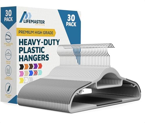 Lifemaster Plastic Clothes Hanger Set - 30 Pieces Versatile, Lightweight, Space-Saving, Non-Slip, Slim Designed, Dry and Wet Clothes Hanger Set with 360° Swivel Hook and Rubber Coating - Gray by LIFEMASTER