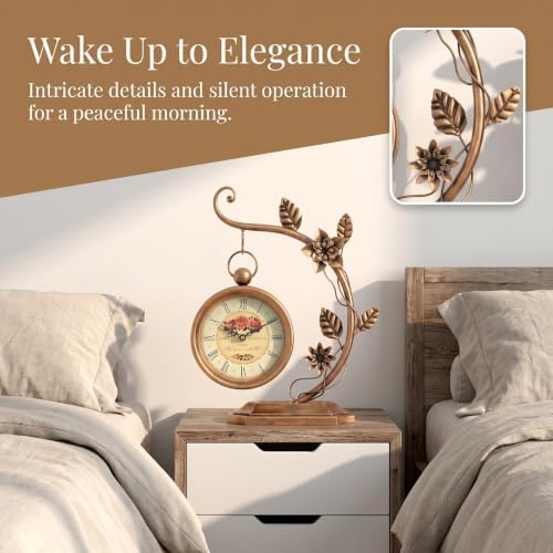 Floral Plant Desk Clock, Vintage Gold Table Clock with Leaf Pattern, Silent Non-Ticking Battery Operated Decorative Shelf Mantel Clock for Living Room Bedroom Home Decor Gift for Women - Image 6