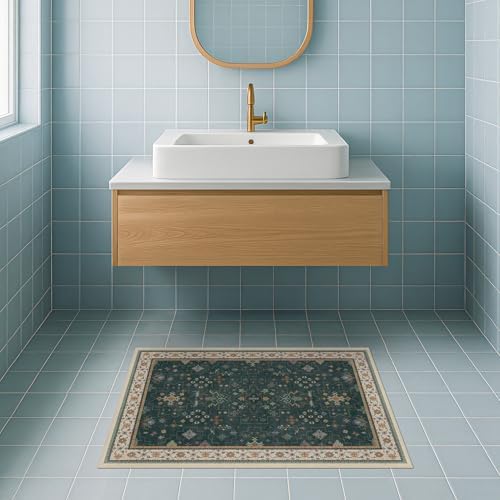 Dark Green Oushak 2x4 Entryway Rug - Modern Vintage Boho Eclectic Floral Pastel, Washable Low Pile Non-Slip Small Throw Area Rugs for Door Mat Indoor Entrance, Kitchen, Bathroom, Bedroom, Laundry - Image 3