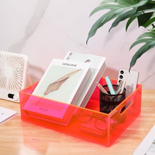 Acrylic Storage Bin Pantry Storage Container with Handles Kitchen Organizer Bin for Cabinet Cupboard Organization, Heavy Duty, 12.6 x 9.4 x 4'', Neon Pink - Image 3