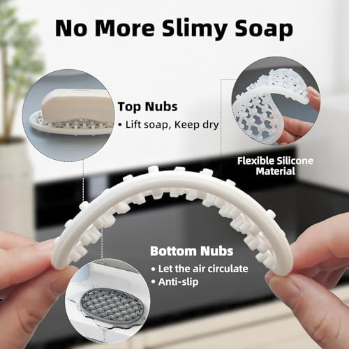 4 Pack Soap Dish for Shower, Non-Slip Silicone Bar Soap Holder with Efficient Drainage Holes for Bathroom Sink, Self Draining Soaps Saver Pad for Shower Niche, Shelf (White- 4Pcs) - Image 4