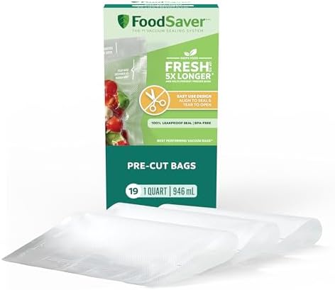 FoodSaver Quart Pre-Cut Vacuum Seal Bags, Easy Use Vacuum Storage Bags, Align to Seal and Tear to Open Vacuum Sealer Storage Bags, 19 Pack by FoodSaver
