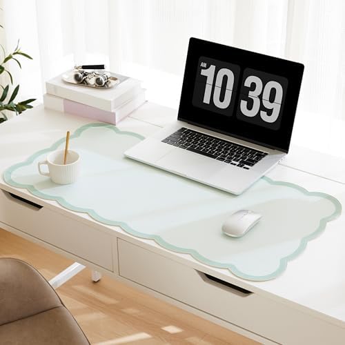 Scalloped Desk Mat, 31.5" x 15.7" Large Cute Aesthetic Desk Accessories, PU Leather Computer Laptop Desk Mouse Keyboard Pad, Desk Writing Mat for Vanity/Work/Home Decor (Sage, 31.5" x 15.7") by Ohocut