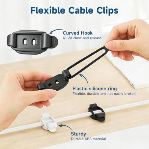 20 Sets Adjustable Cable Management Clips, Self Adhesive Cord Organizer with Elastic Loop, Reusable Cable Holder for Desk, Under Desk, Wall, TV, Office, Home, Charging Cables, USB, HDMI, PC Wires - Image 3