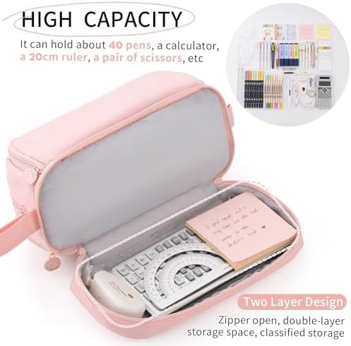 CICIMELON Large Capacity Pen Pencil Case with 4 Compartments, Multi-Slot Pencil Pouch Bag Aesthetic School Supplies Organizer for Teen Girls, Women, Adults (Pink) - Image 3