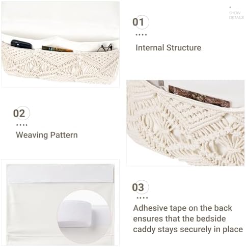 Mkono Macrame Bedside Caddy, Boho Bed Storage Organizer, 4 Pockets Ivory - Image 5