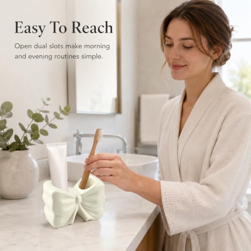White Bow Toothbrush Holder, Ceramic 2-Slot Toothbrush and Toothpaste Organizer, Cute Bathroom Counter Storage Rack for Toothbrushes, Floss, Razors & Daily Oral Care Items - Image 6