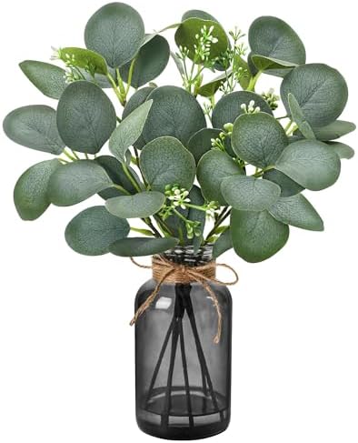 Der Rose 13.5" Sage Green Faux Eucalyptus in Black Vase for Bathroom Decor by DerRose